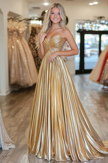Robe de soirée longue plissée en satin doré chic avec décolleté en V profond et coupe trapèze